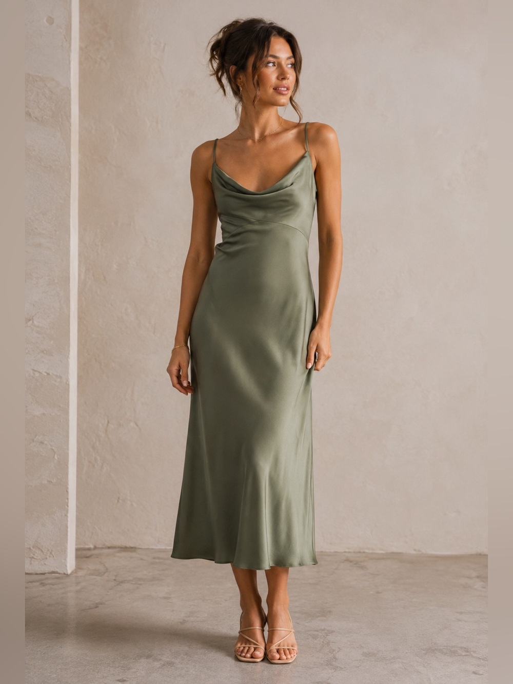 ANTHROPOLOGIE BHLDN Satin Silky Drapey Neck Slip Dress Light Moss Size 16 NEW